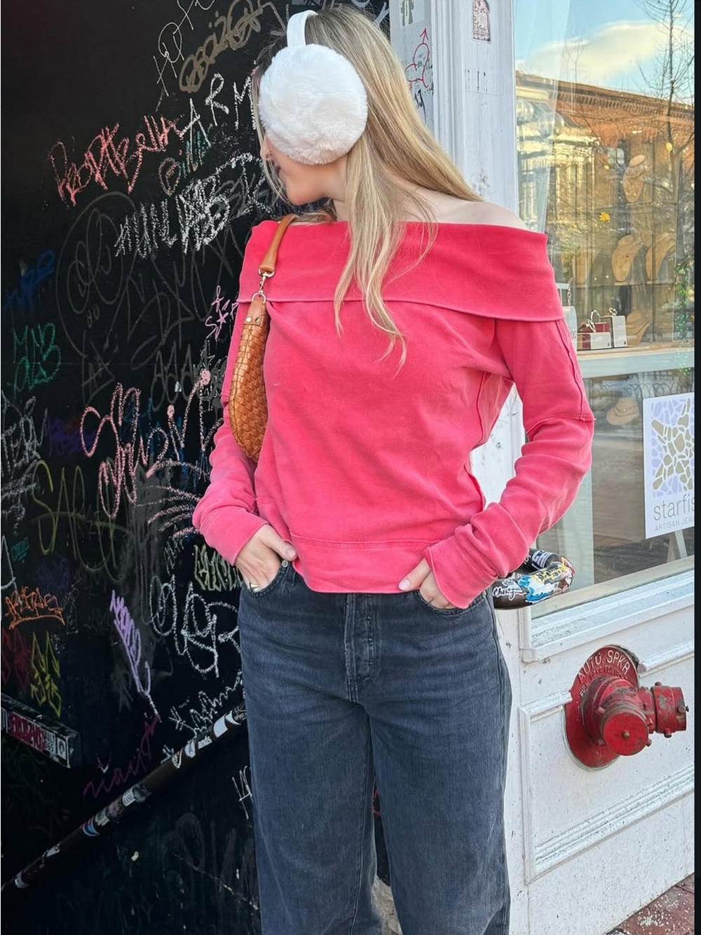 Free People Off-the-Shoulder Pink Foldover Sweatshirt